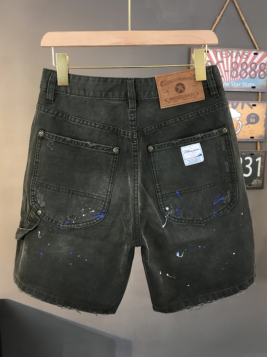 Men's High Street Cargo Shorts Summer American Vintage Distressed Washed Splatter Paint 100% Cotton Loose-Fit Green Heavyweight - Image 2