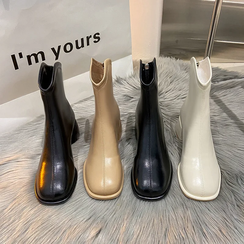 

Ankle Boots Women Shoes V Mouth Thick Heel Motorcycle Booties 2024 Spring Fahsion Comfort Soft Leather Pumps Botas Zapatos Mujer