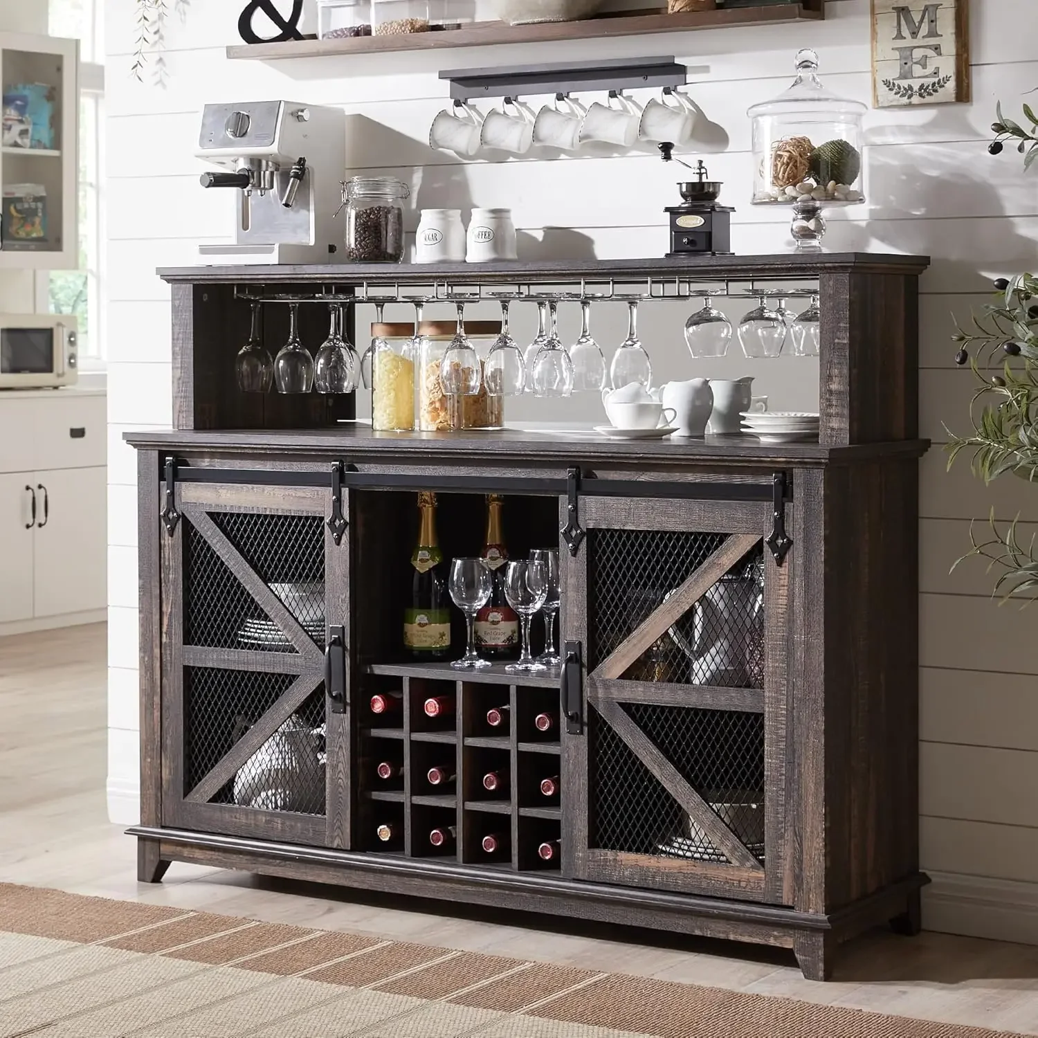 OKD-gabinete de barra de café de granja con luces LED, armario de barra de vino de 55 "con puerta de Granero corrediza y estante de vino y vidrio, cocina