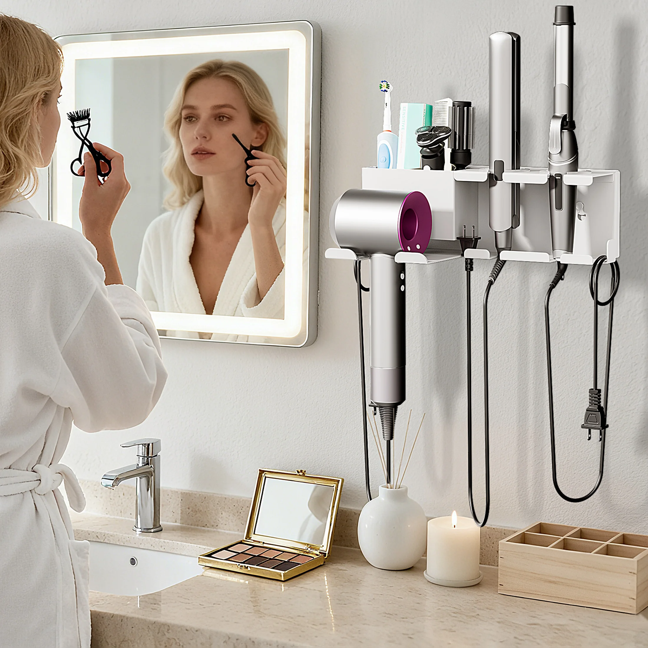 Wall Mounted Hair Dryer Holder Stand Space-Saving Blow BlowerStraightener Organizer Cradle for Bathroom Vanity Storage