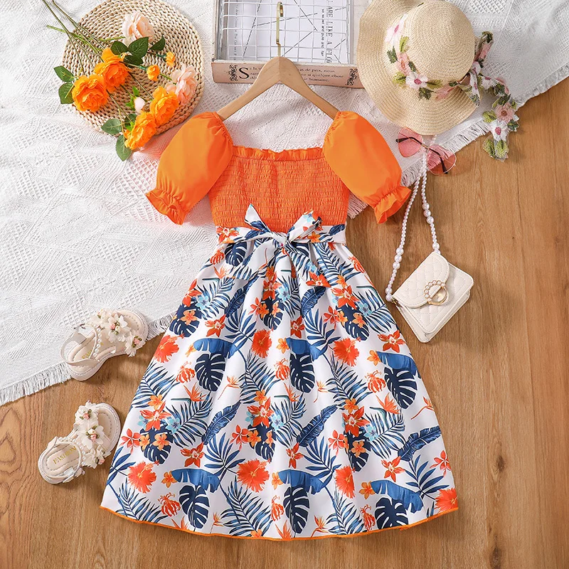 New Summer Fashion Orange Short Sleeve Top & Skirt For Girls Floral Printed Stylish Vacation Party Dress Daily Casual