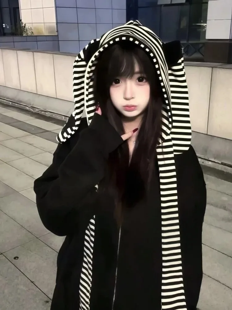 Felpe con cappuccio Harajuku da donna con patchwork a righe Kawaii Grunge Streetwear Felpa con cappuccio allentata casual Y2k Felpa con cerniera estetica Grunge