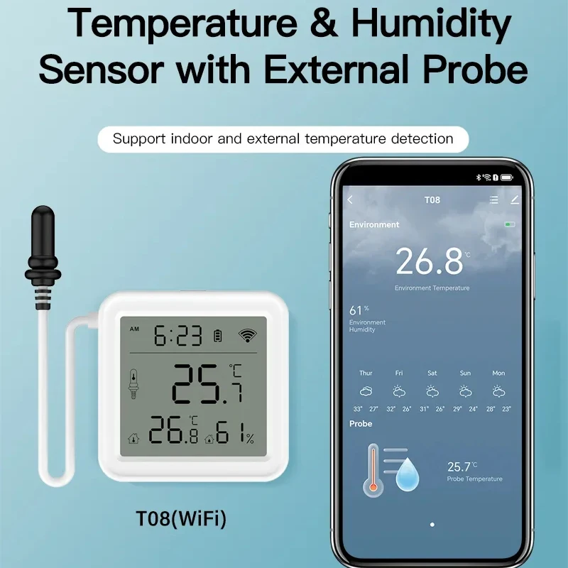 

Приложение Probe, удаленный монитор Tuya, Wi-Fi, умный датчик температуры и влажности, внешний сенсорный кабель 1 м, работает с Alexa Google Home