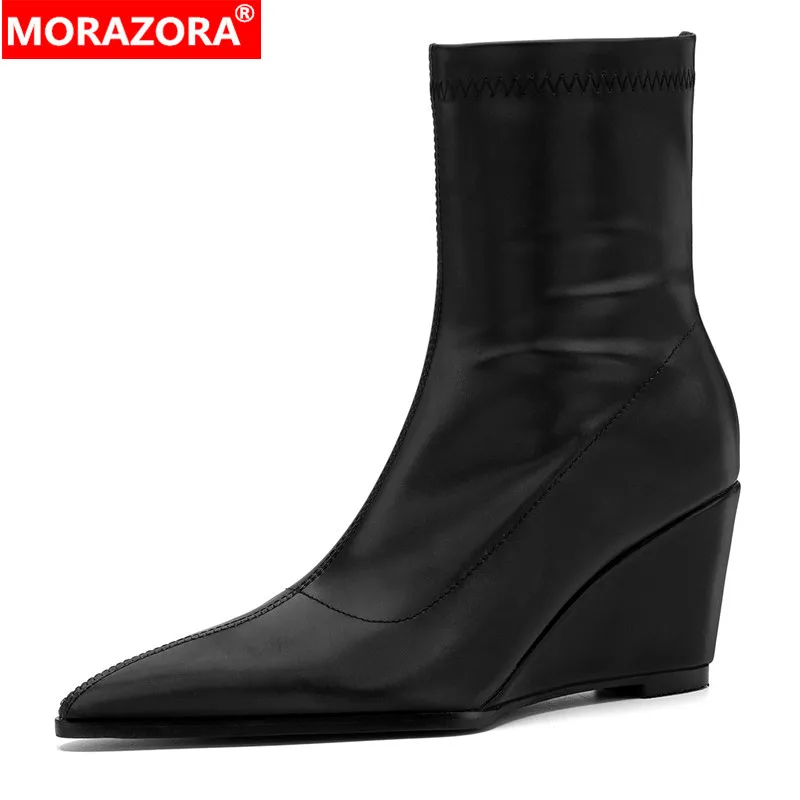 MORAZORA Silk Wedges Boots Women Shoes Pointed Toe High Heels Black Brown Autumn Winter Ankle Boots Fashion Party Dress Shoes