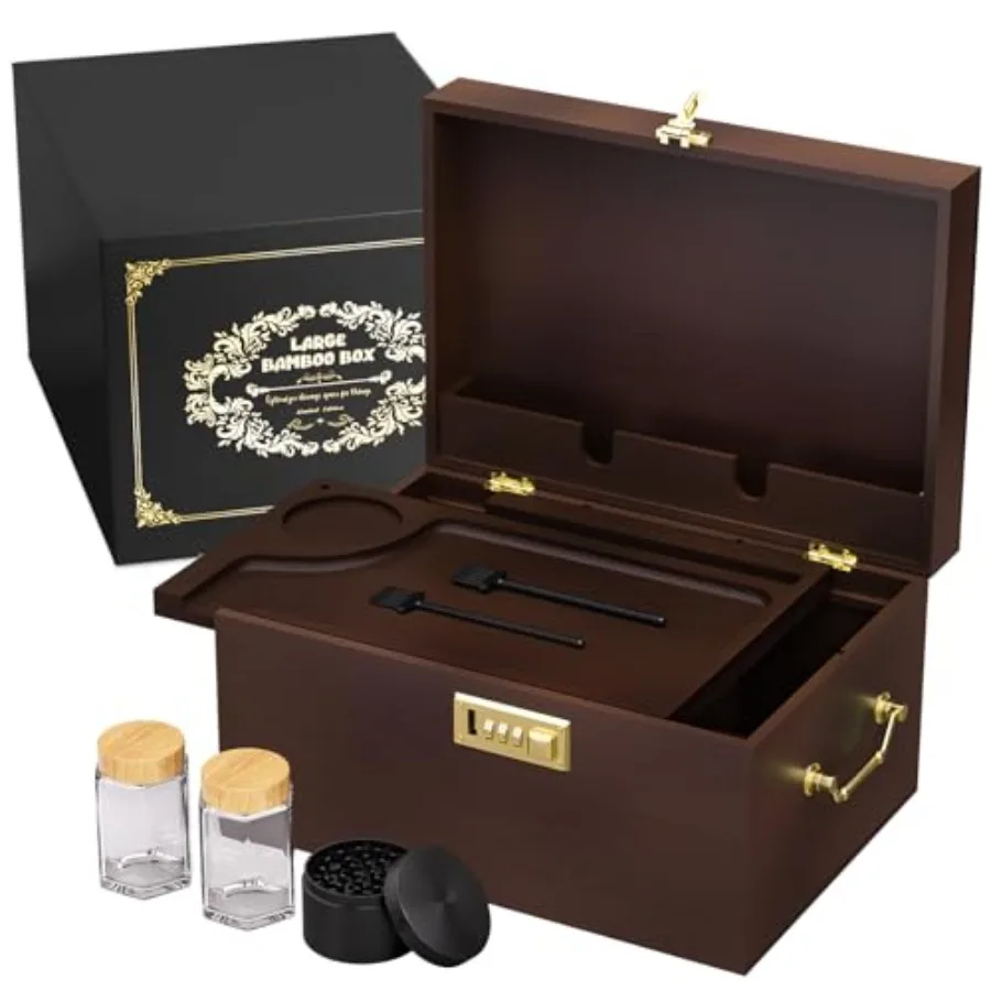 

Bamboo Storage Box with Lid and Lock Wooden Stash Box with Rolling Tray Adjustable Dividers and Vintage Gold Side Handles Elega