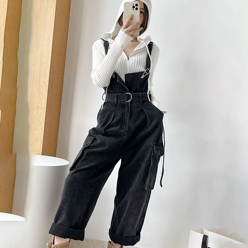 

Workwear-style Wide-leg Denim Overalls Women, Autumn Fashion Design With Retro Halter Jumpsuit Female Shoulder Strap Jeans XQ369