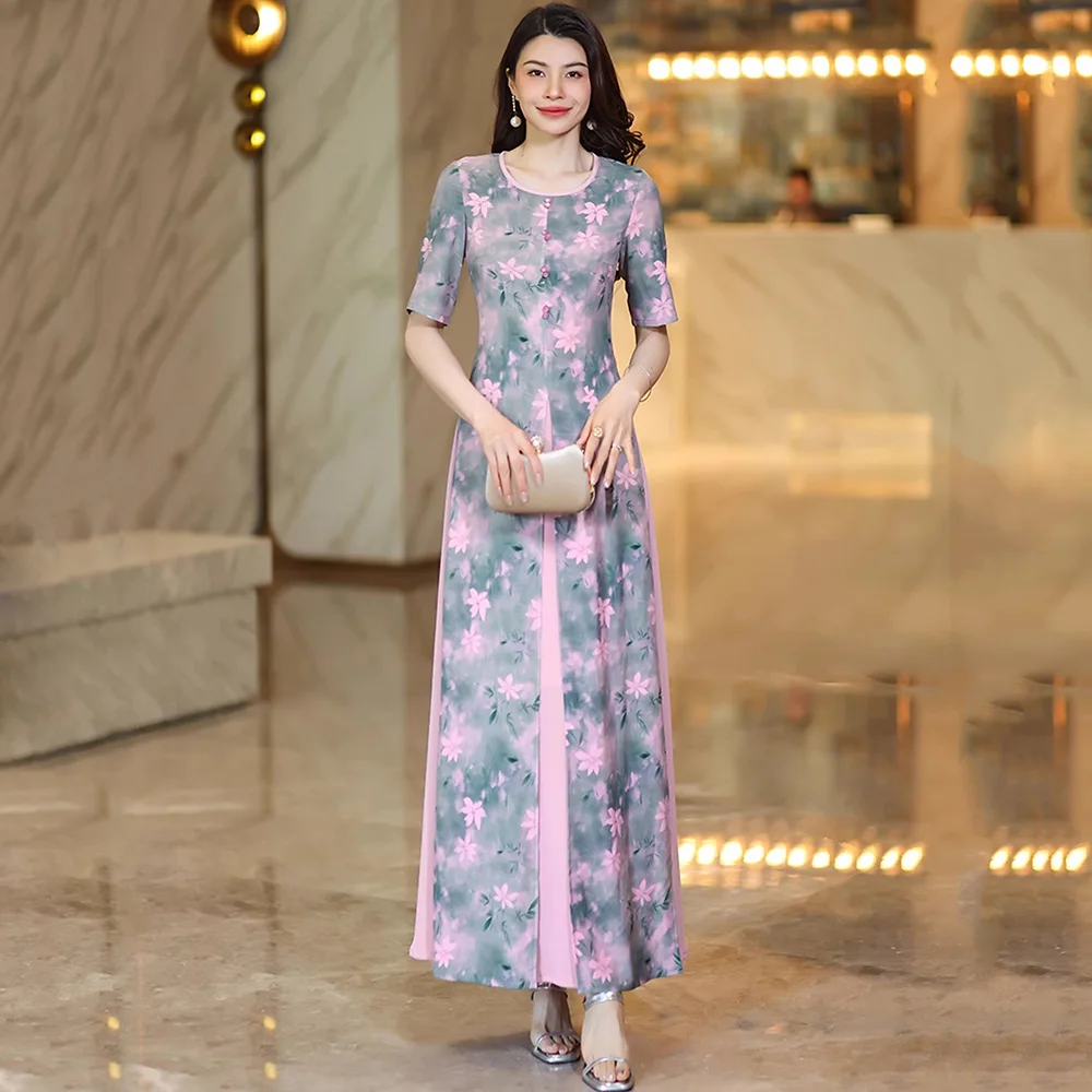 

New Women Summer Print Long Dress Fashion O-Neck Short Sleeve Slim Waist Contrast Color Dress Elegant High Waist Floral Dress