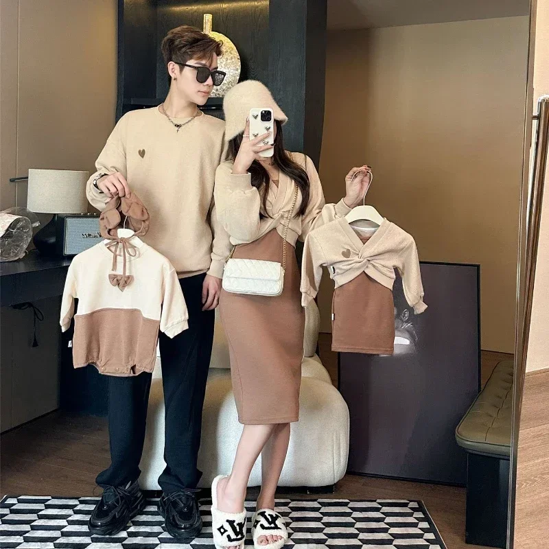 Family Clothes Mother Long Sleeve Dress Two Winter Warm Piece Daughter Tops+sling Outfit Father Son Kids Sweatshirts Baby Romper