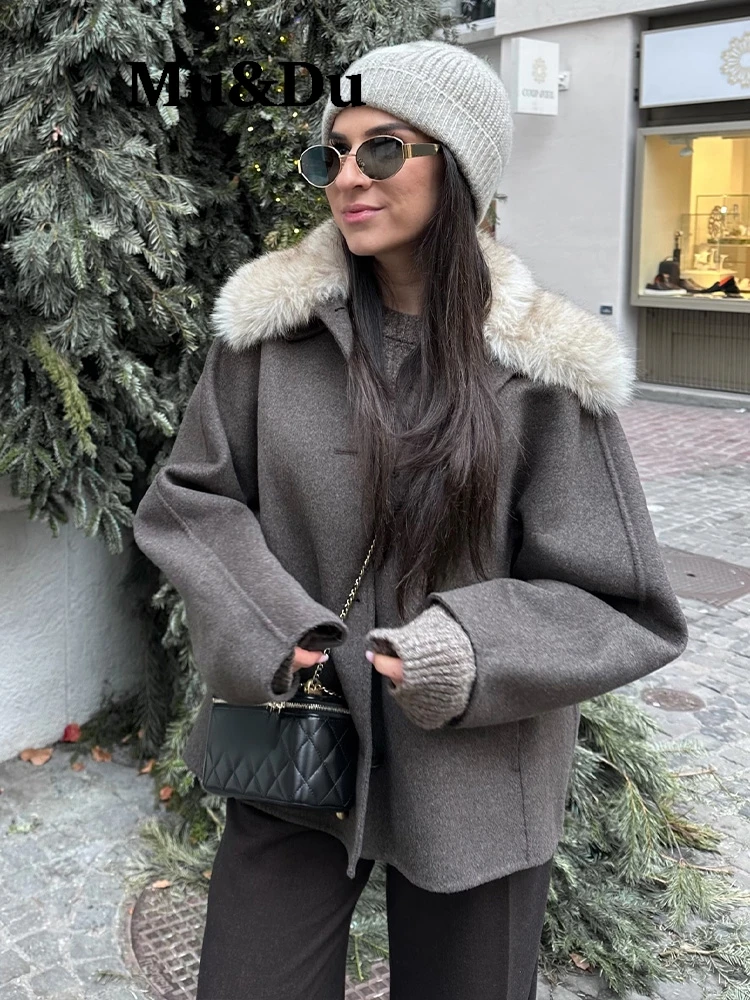 Women Faux Fur Neckline Casual Woolen Jacket Female Fashion Lapel Single-breasted  Autumn Loose Street Coat Warm Outwears