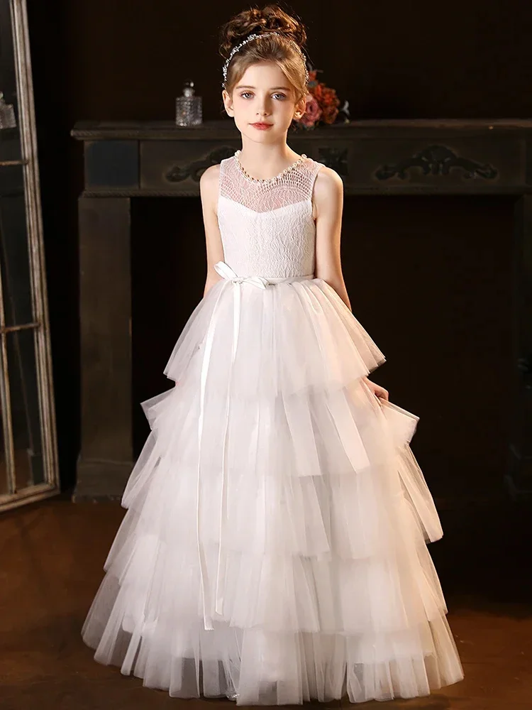 

Elegant Customized Flower Girl Dress Sleeveless Tulle Puffy Tiered Bridesmaid Princess Pagean Skirts First Communion Gowns