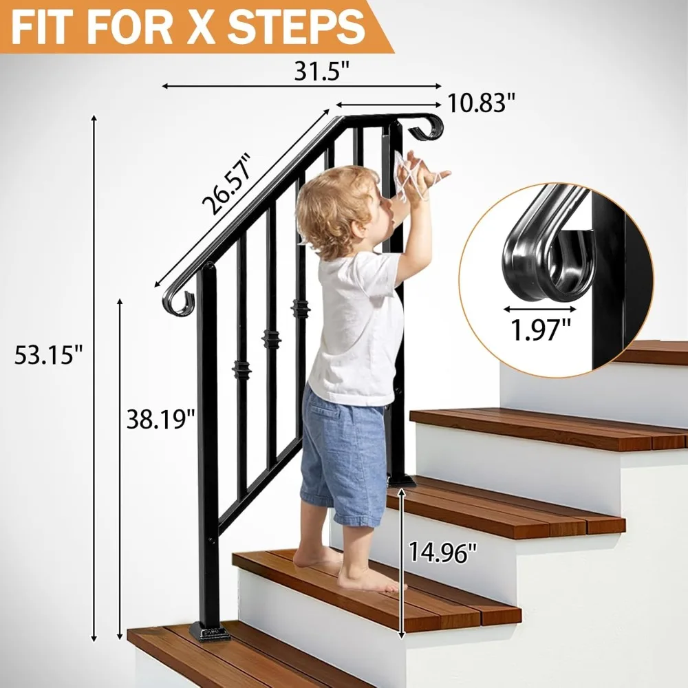 2 Pack 3 Step Handrails for Outdoor Steps,Wrought Iron Stair Railing,Metal Hand Railing with Installation Kit,Staircase Handrail