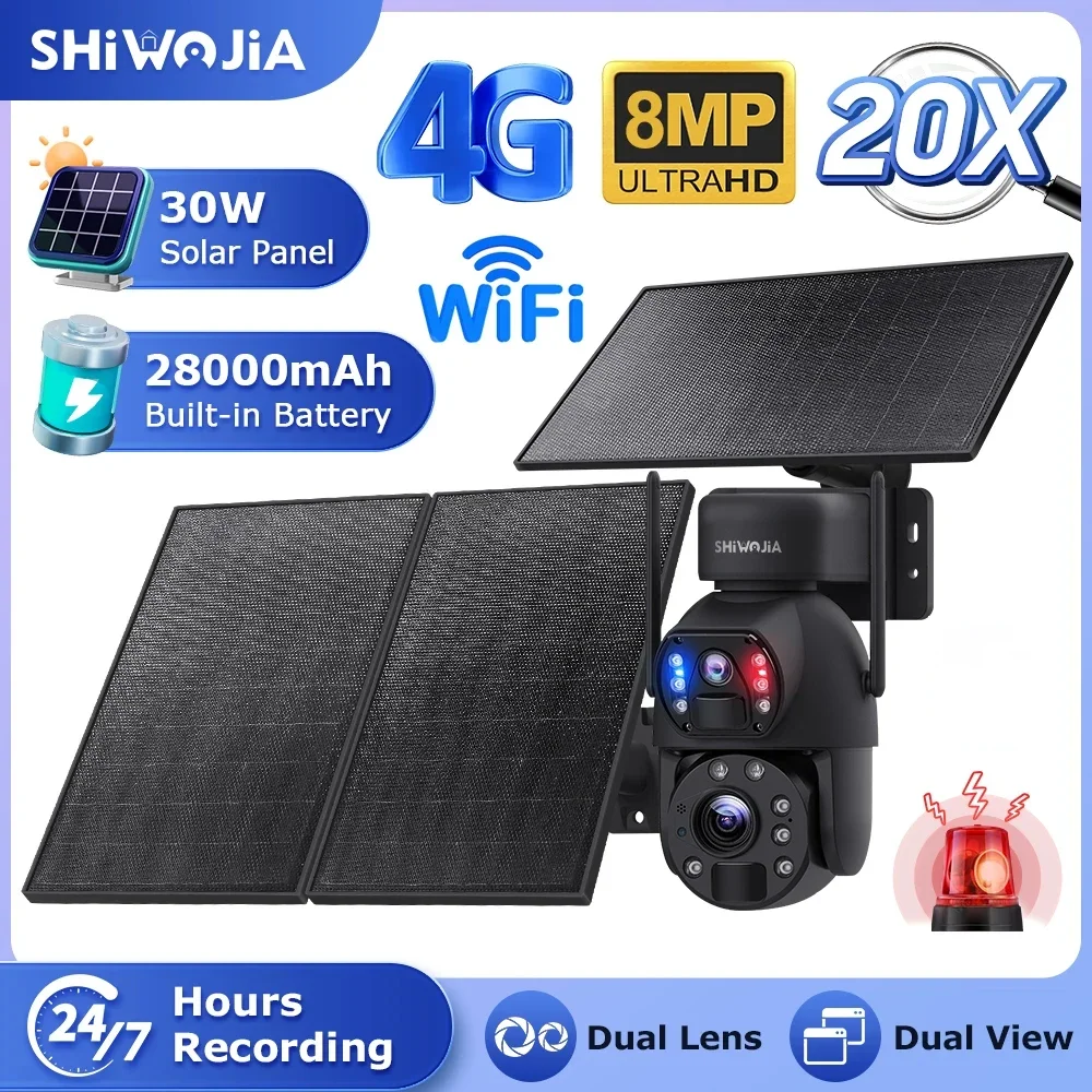 SHIWOJIA 8MP 36X ZOOM Solar Camera 4G SIM 30W Solar Panel 28000mAh Battery Camera 360° Outdoor Dual Lens Recording Humanoid PTZ