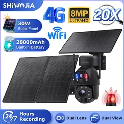 SHIWOJIA 8MP 36X ZOOM Telecamera solare 4G SIM 30W Pannello solare 28000mAh Batteria Fotocamera 360 °   Registrazione PTZ umanoide per esterni a doppia lente