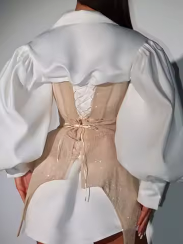 Women's Sequin Bustier Dress White Oversized Puff Sleeve Shirt Layered Deep V Neck Mini Dress Party Evening Prom Fashion Gown