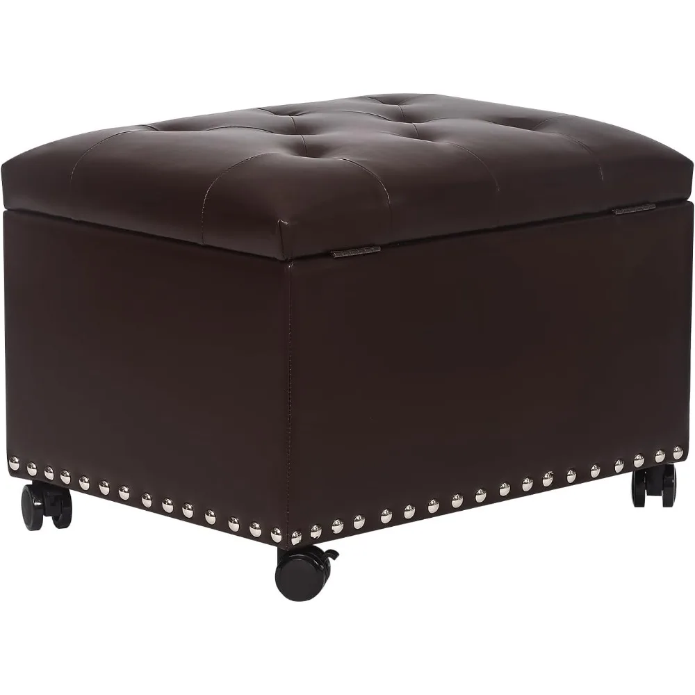 

Кожаная оттоманская скамейка для хранения с рулевыми колесами, прямоугольная 24-дюймовая подставка для ног, пуфик для гостиной, спальни