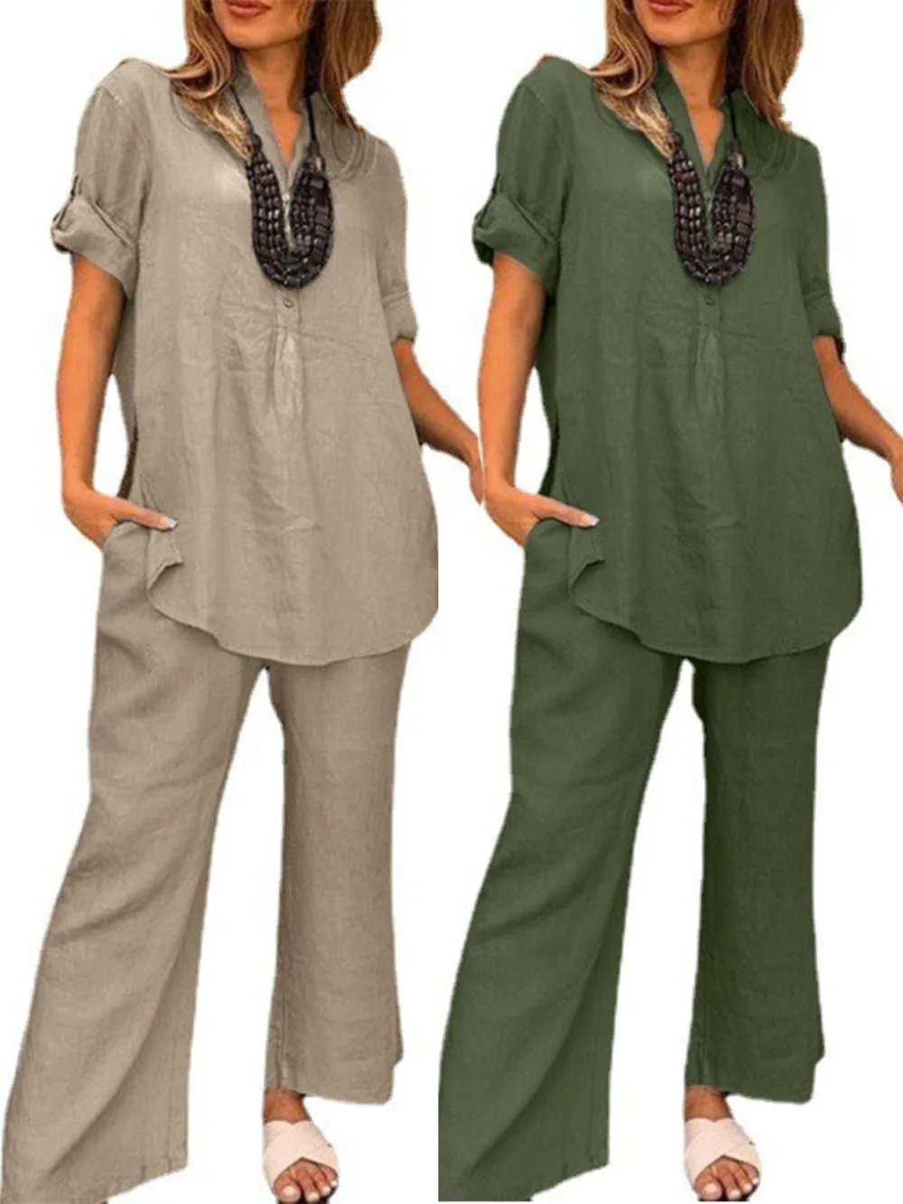 

Women Two Piece Sets Pant Set Ramadan Eid Muslim Casual Loose V Neck Short Sleeve Tops Wide Leg Long Pants Splice Office Ladies