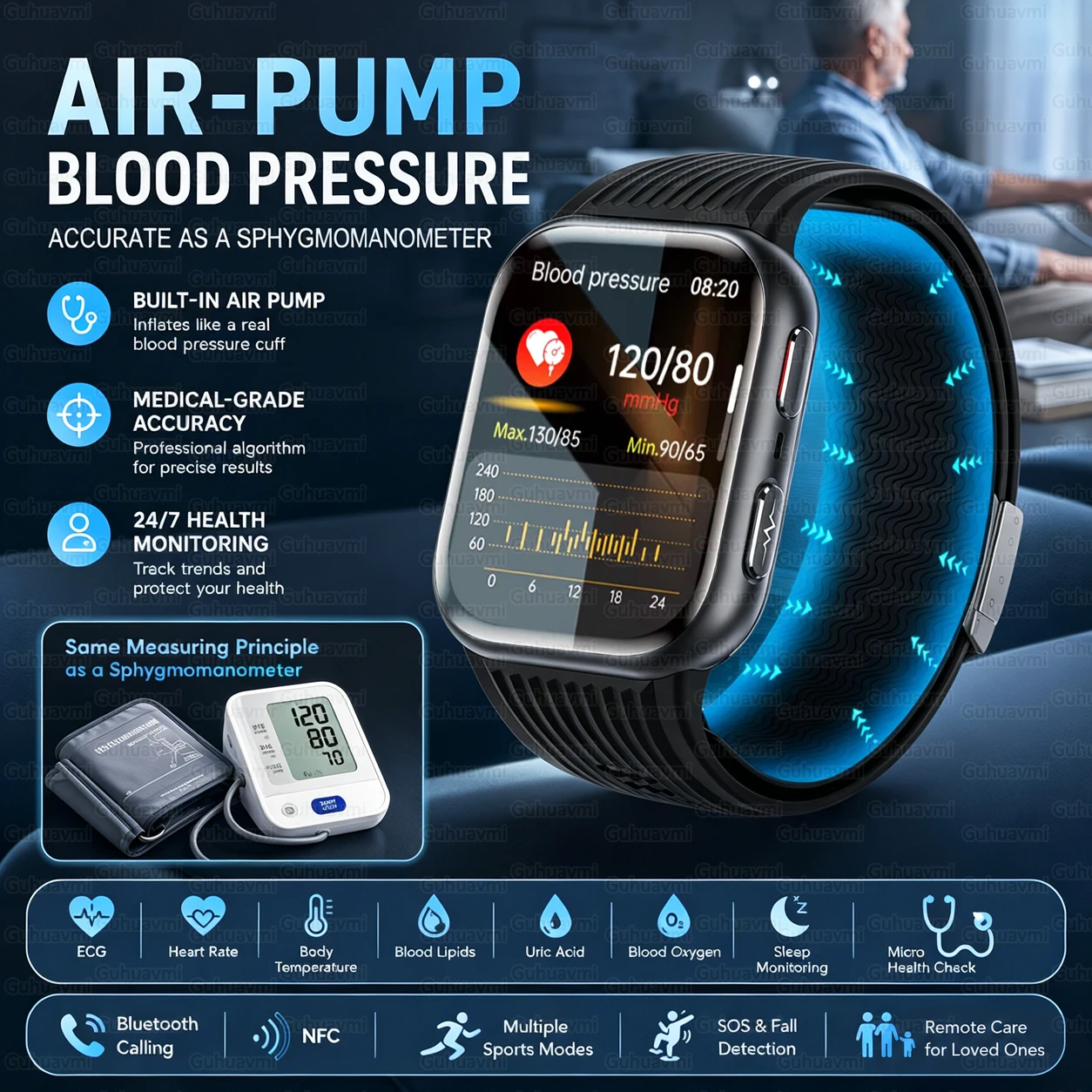 

2026 New Air Pump Blood Pressure Smart Watch Accurate Blood Lipids Uric Acid Health Tracker NFC Bluetooth Call Sport Watches Men