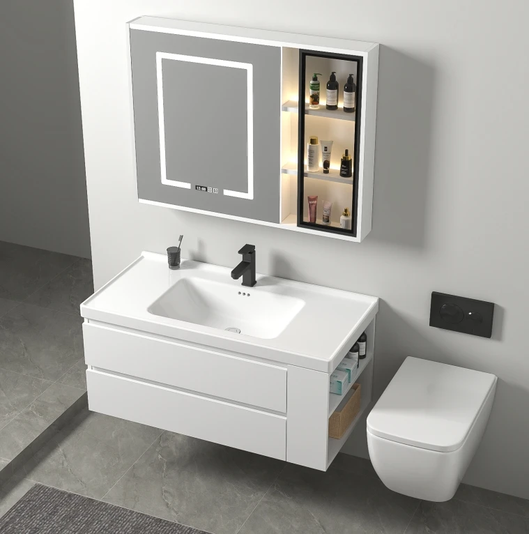 

Modern Design PVC Bathroom Vanity Cabinet Mirror Water-Resistant Home Use Sink Cabinetry with Ceramic Basin Wholesale Vanities