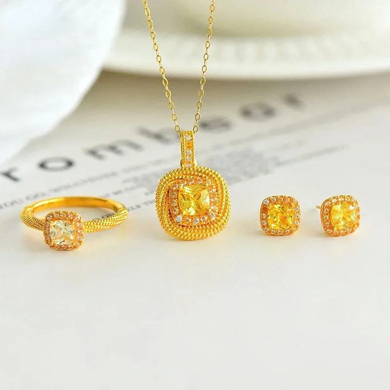 Necklace Chain Set with Yellow Diamond for Women Exquisite Real 14k Gold Color Bracelet Ring Earring Necklace Jewelry Sets