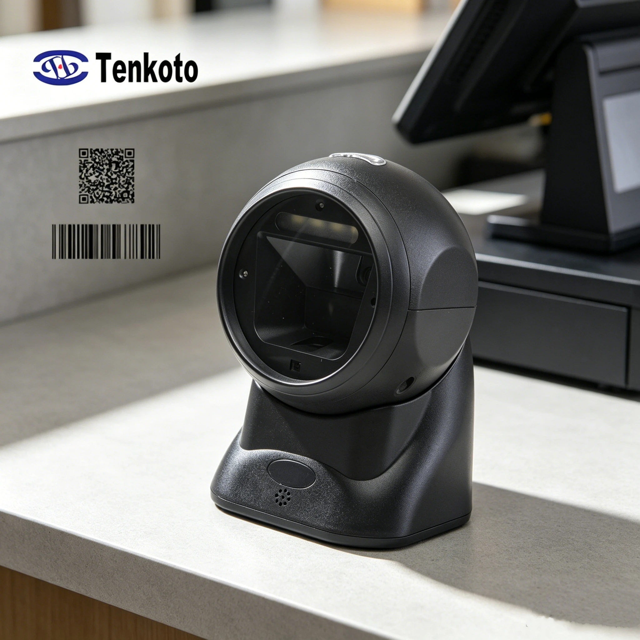 Wired USB Desktop Barcode Capture Device, 360 Multi-angle 1D 2D QR Scanner, Built-in Audio Speaker for Retail Store POS Checkout
