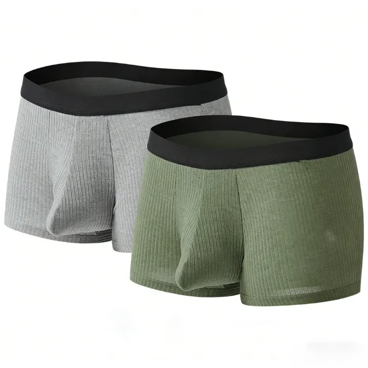 

GTOPX MAN Cotton Big Pouch Underwear Men Olive Green Ribbed Knit Boxer Briefs Mid Waist Supportive Daily Wear 2pcs/pack