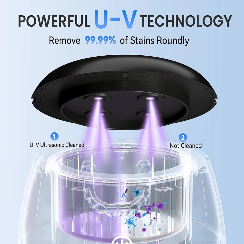 KUNPHY Ultrasonic Cleaner Bath With UV-C Light for Dental Dentures Mouth Guards Braces Toothbrush Heads Jewelry 48kHz Ultrasonic