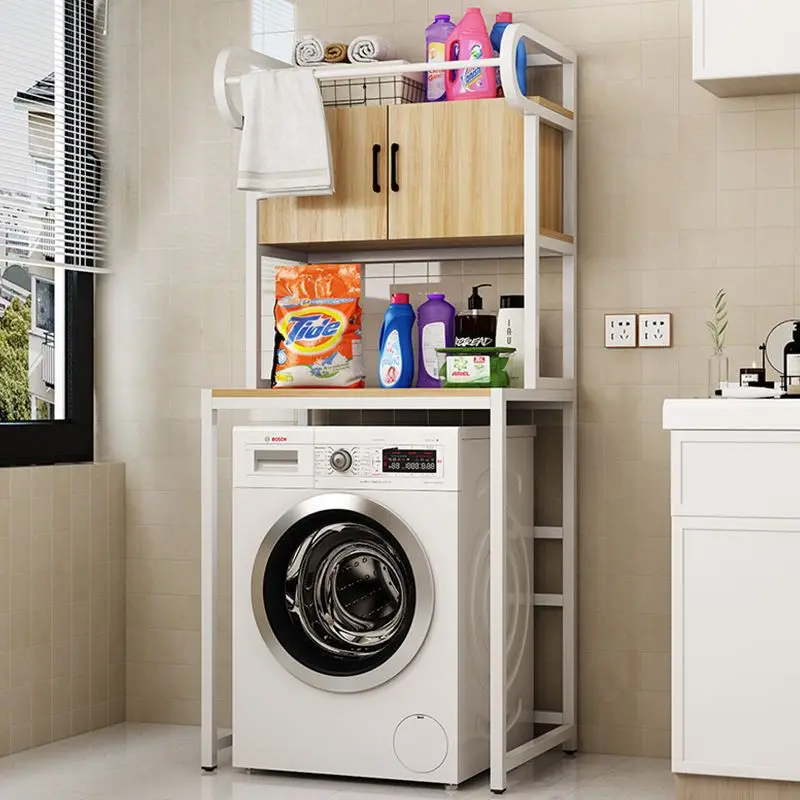 washing machine, shelf, bathroom, floor, drum, upper cabinet.