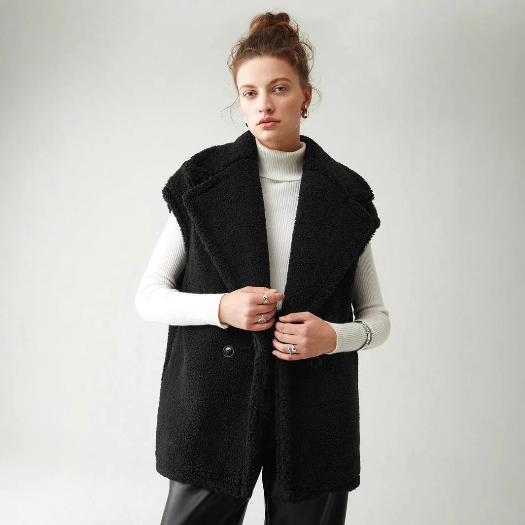 Rompi Bulu Domba Imitasi Wanita Jaket Pendek Tanpa Lengan Kerah Notch Lapel Kancing Tunggal Lurus Tebal Kasual Musim Dingin 2025