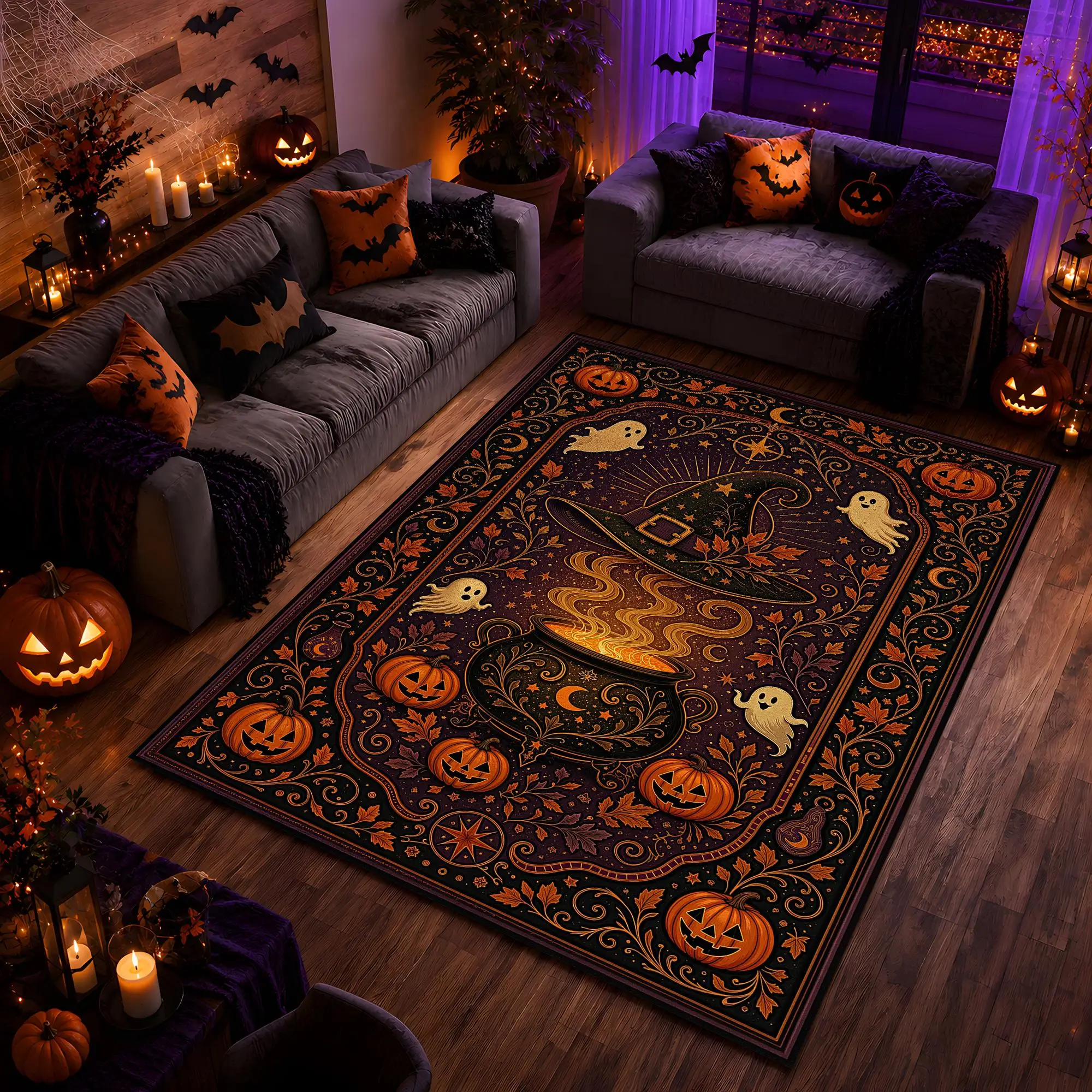 Large Area Rug Twin Ghosts on Swing Gradient Purple Galaxy Base Glowing Crescent Moon Smiling Orange Jack-O-Lanterns