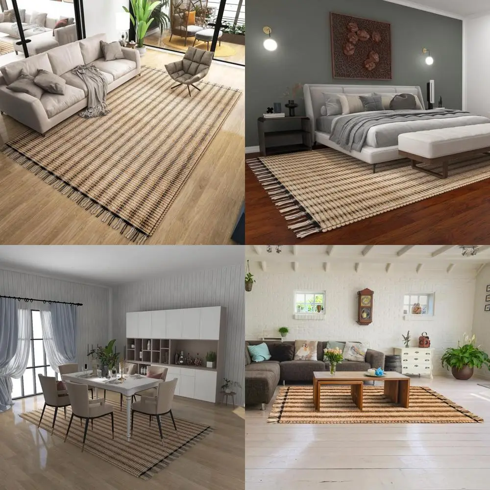 

Natural Jute Striped Rug, 8x10 ft, Low Pile, Indoor/Patio Floor Mat, Dry Wash, Non-Slip