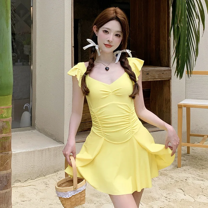 Korean Style One Piece Yellow Swimsuit Women Short Sleeve Swimwear Tummy Control Swimming Dress Bathing Suit Monokini Beach Wear