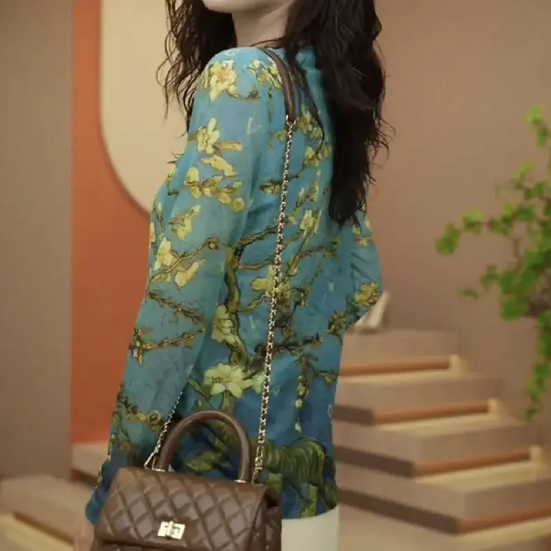 Damskie jesienne nowe dopasowane bluzki z nadrukiem, eleganckie bluzki z długim rękawem z czystej bawełny, wysokiej jakości europejska baza tie-dye.