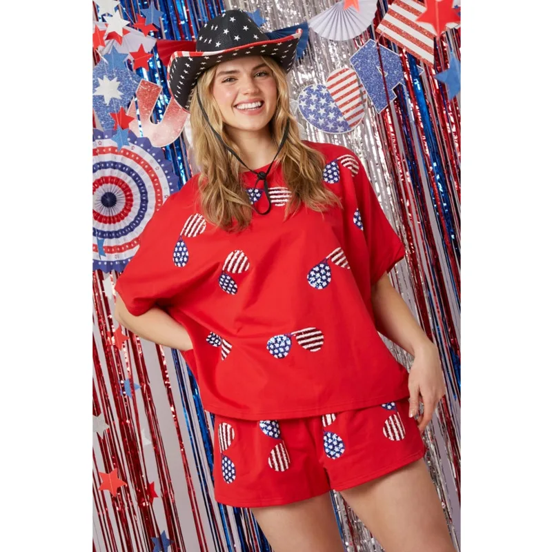 Independence Day Sequined Shorts Set Women Fashion Flag Sequin T-shirt And Short Pants Suit Female Casual O Neck Sport Outfits