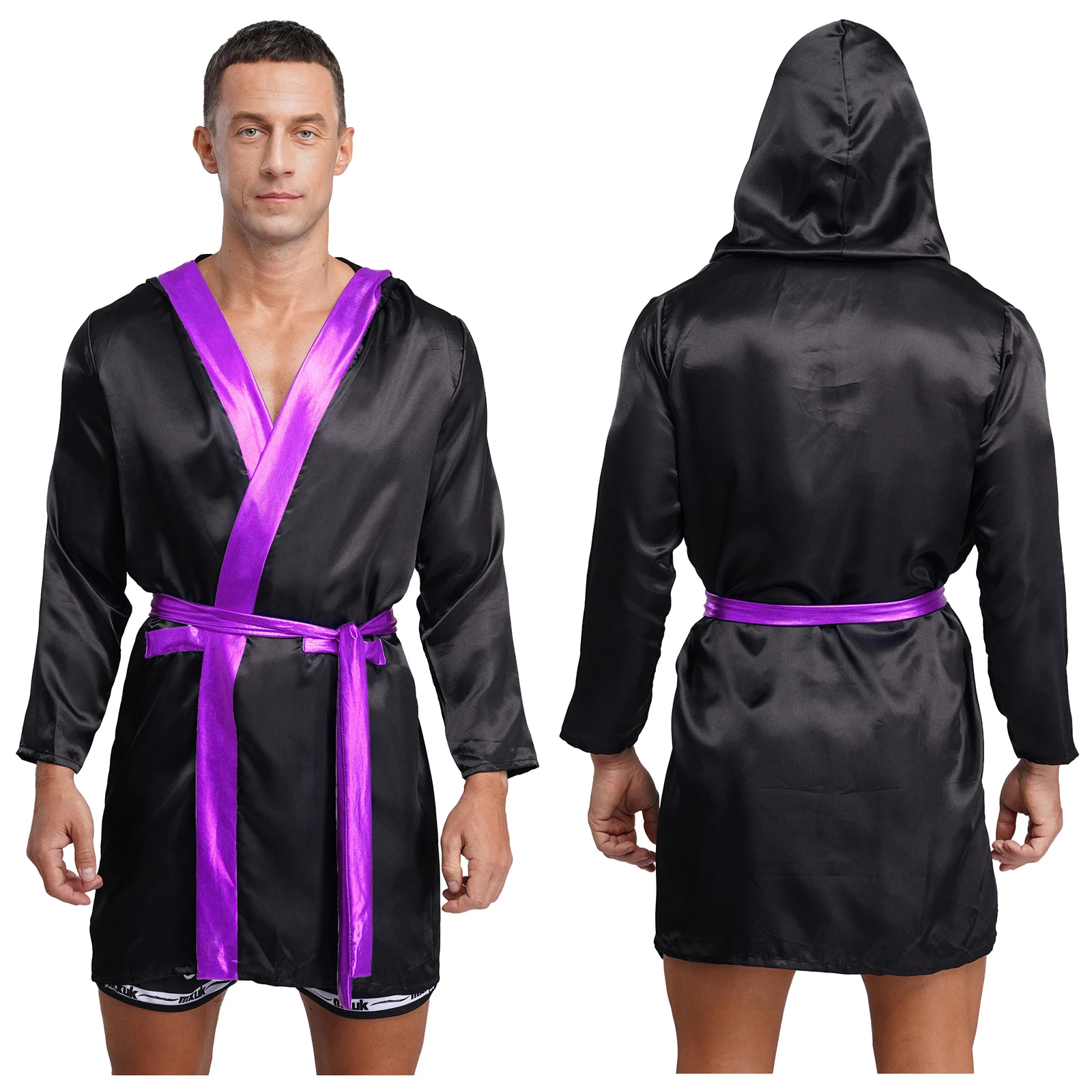 Mannen Halloween Carnaval Boxer Cosplay Kostuum Lange Mouw Open Voorzijde Metallic Glanzend Satijn Boksgewaad Kapmantel met Riem