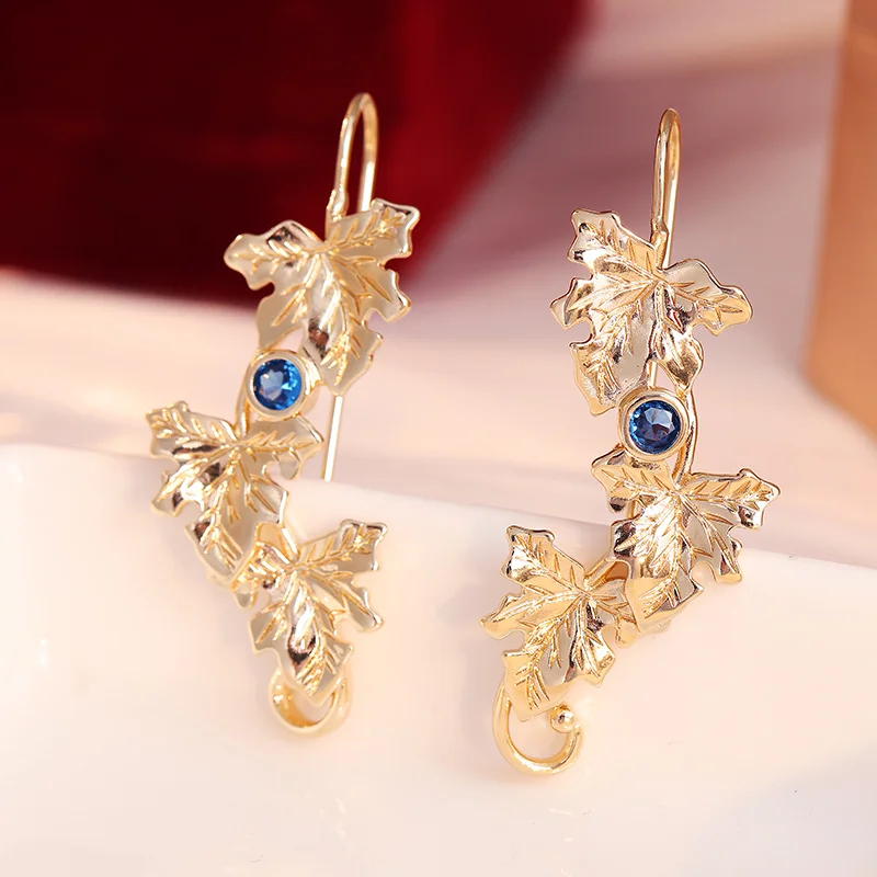Vintage Golden Plated Ivy Leaf Pendant Earrings Inlay Cubic Zircon Countryside Forest Style Earrings Ladies' Fashion Jewelry