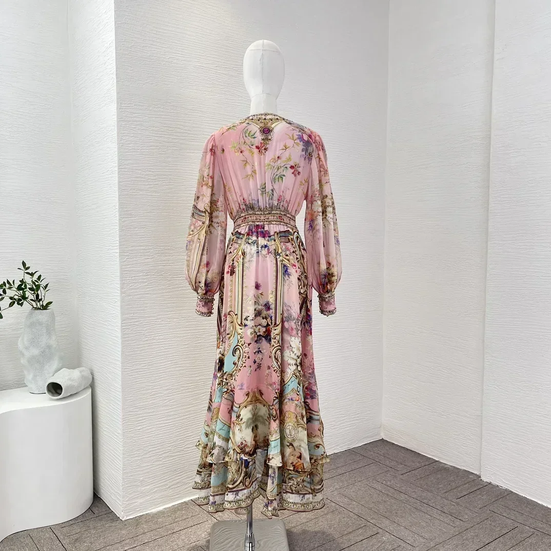 Pure Silk 2023 New Top Quality Vintage Elegant Pink Long Lantern Sleeve Floral Printing Diamonds Women Midi Dress