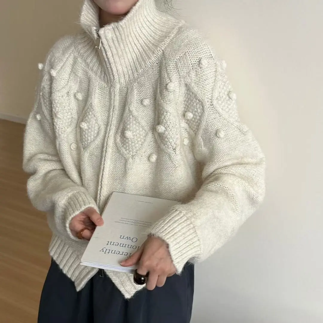 Kardigan Rajut Kerah Tinggi Bergaya Retro dengan Ritsleting Ganda dan Ujung Berlipat untuk Musim Gugur-Dingin