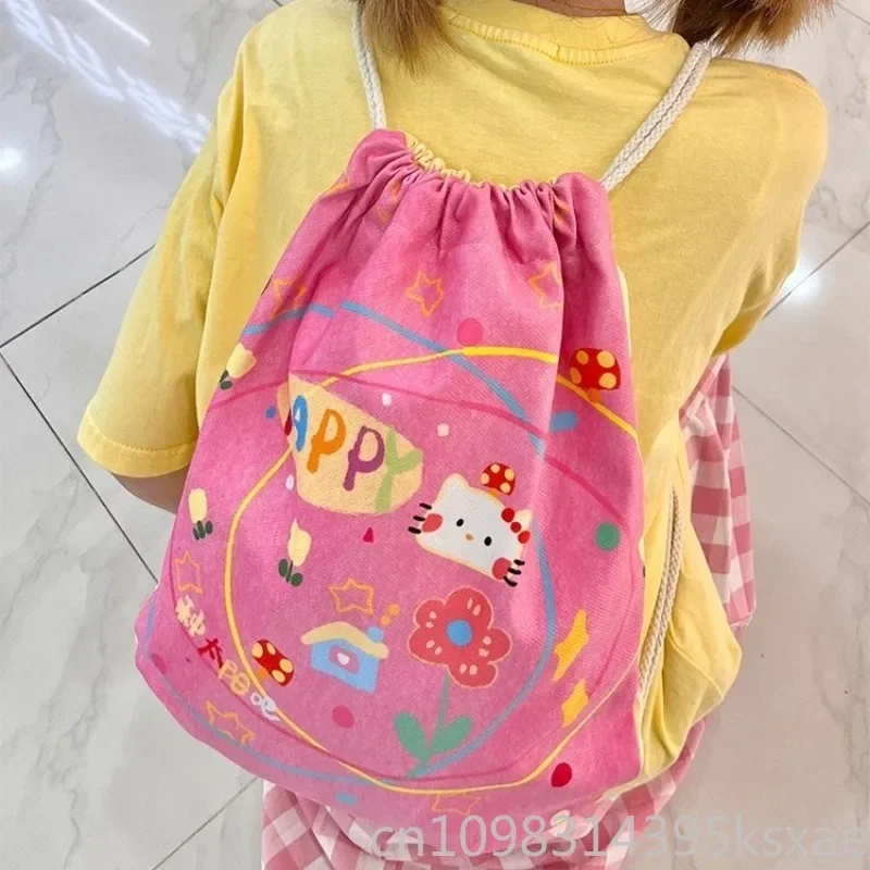   헬로 키티 드로스트링 백팩 여성용 가방 양면에 패턴이 있는 카와이 백팩 경량 옥스포드 패션 캐주얼