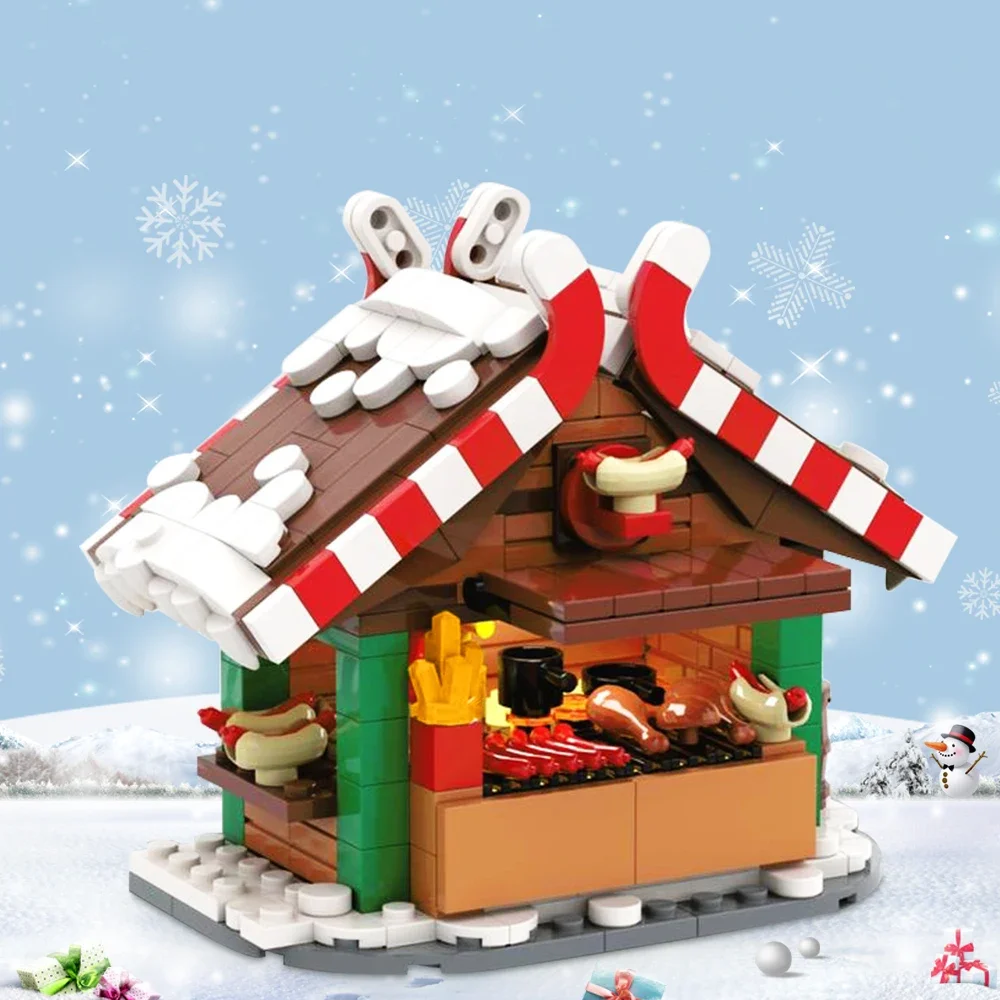 Gobricks MOC Kerstthema Winter Street View Kerstgrillstandaard Bouwsteenset Warme drankenstandaards Baksteenspeelgoed voor kinderen