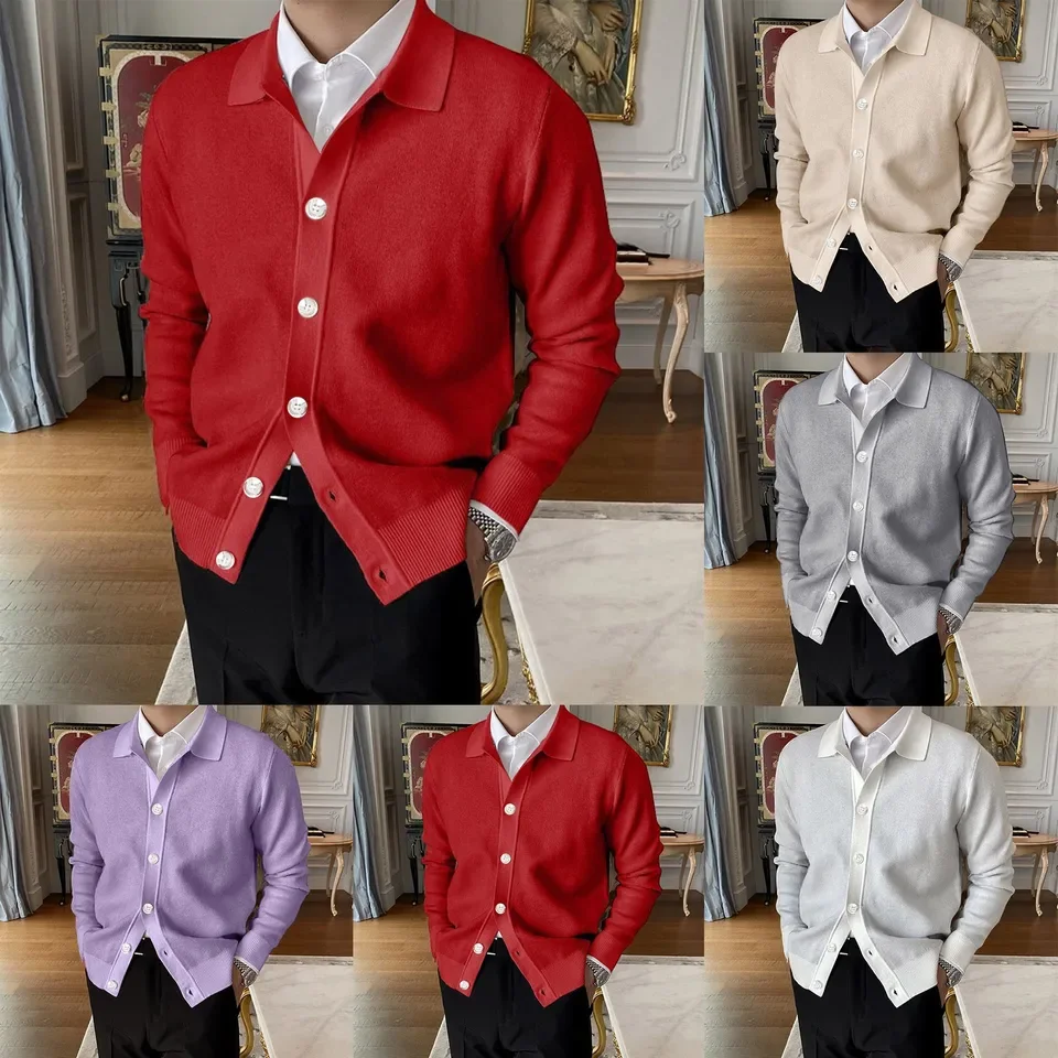 Mens Fashion Casual Knit Yarn Lapel Button Long Sleeve Sweater Cardigan Mens Knit Sweater