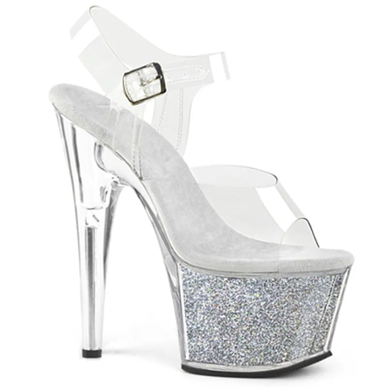 Sexy high-heel 20cm clear crystal sandals with waterproof platform, sexy nightclub model  dance shoes