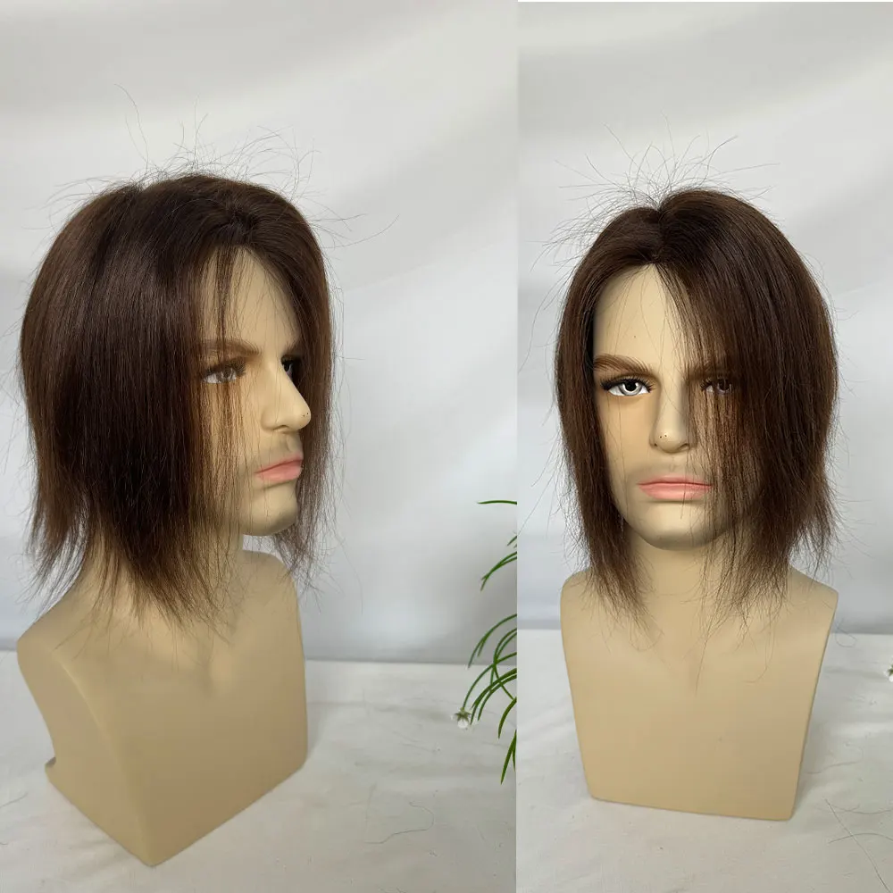 European Hair Replacement System Unit For Men Hair Long Mono Lace with PU Around Men's Toupee Hairpieces 8x6inch #3 Brown Color