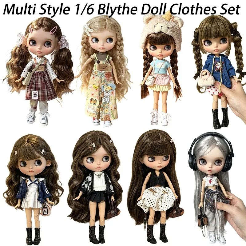 For Blythe Doll Outfit Clothing Preppy Plaid Skirt Cute Bear Plush Hat Top Bag Set Clothes For OB24 OB22 Small 1/6 Azone Doll