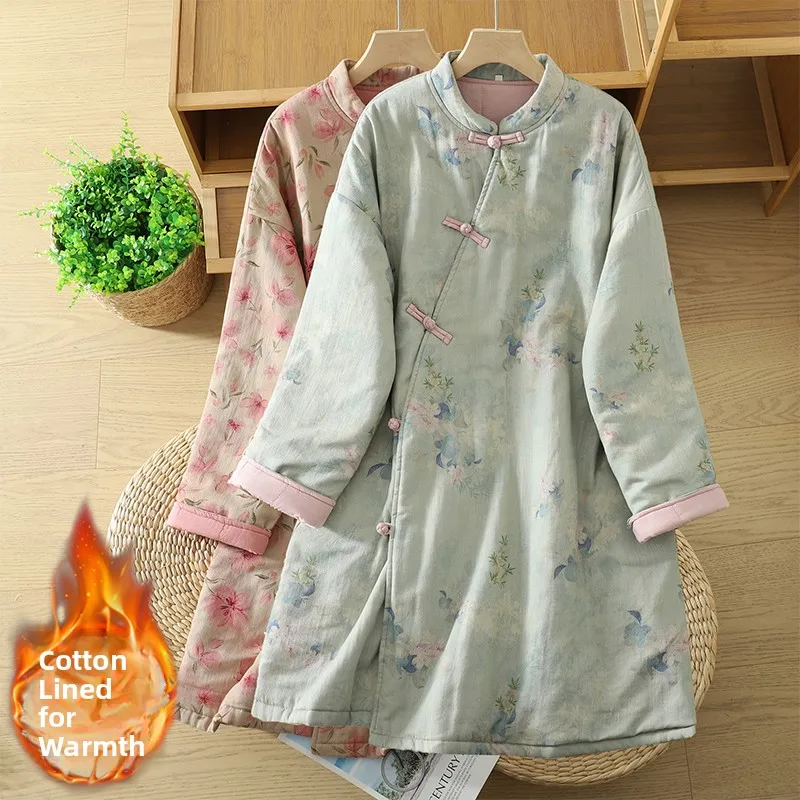 Thickened round Neck Chinese Style Women's Cotton Padded Coat Winter New Fashion Traditional Print Long Sleeve Mid-Length Coat