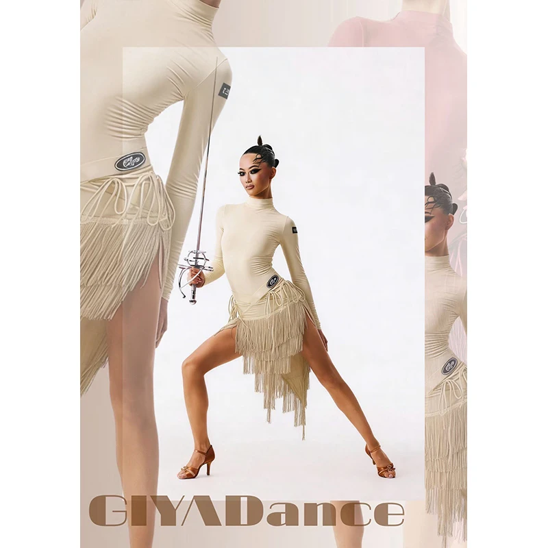 Nieuwe Latin Danskleding Lange Mouwen Tops Kwasten Rok 4 Kleuren Oefenjurk Cha Cha Rumba Samba Dansjurk Competitiekleding