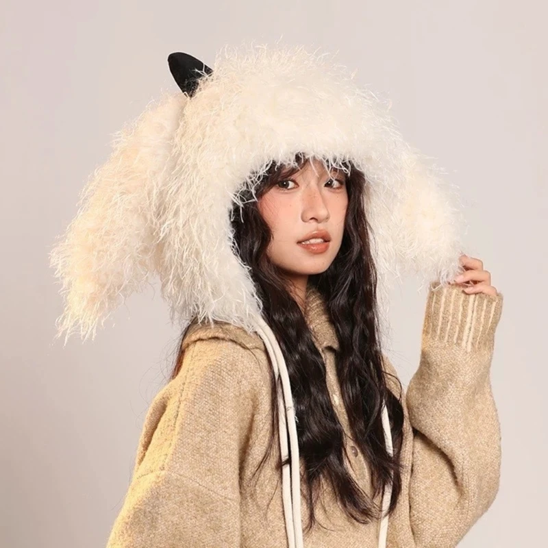 Long Eared Plush Hat Warm Ear Flap Hat Cold Weather Headwear for Adult Outdoor