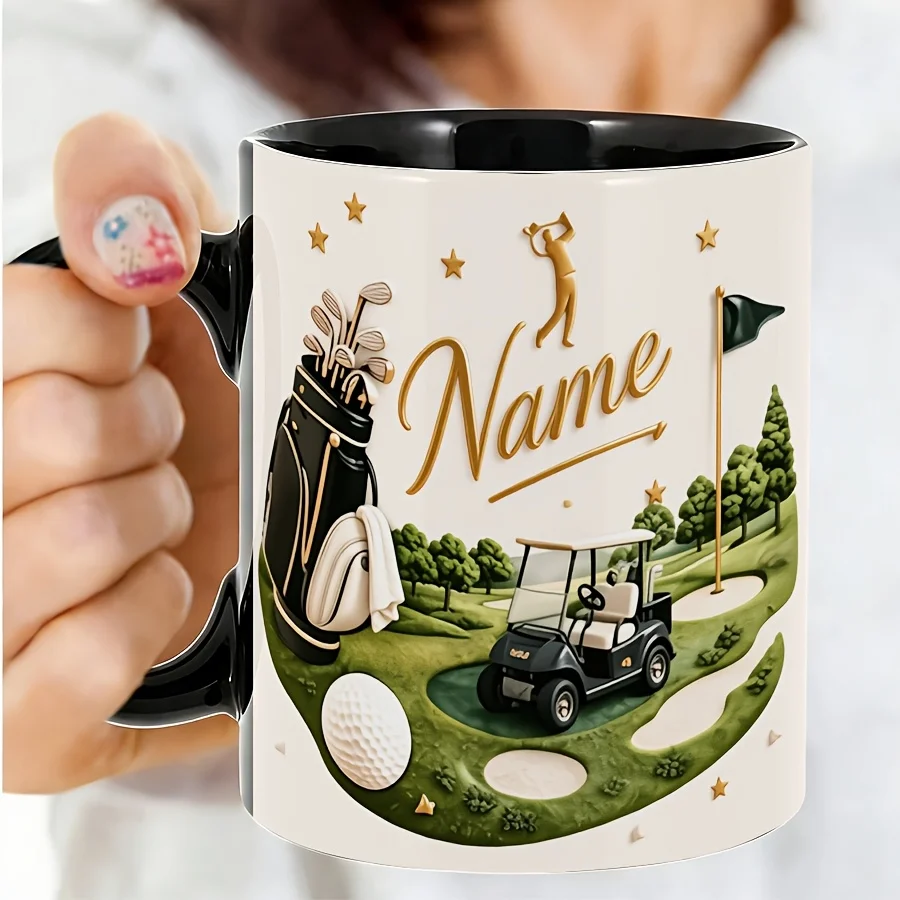 1pc 11oz Black Ceramic Mug Custom Name Golf Cart Club Green Pattern Gift for Golfer Fan Christmas