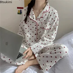Plus Size Sweet Pajamas for Women Spring Autumn Long-sleeved Pants Home Wear Two-pieces Peach Heart Print Senior Sense Sleepwear