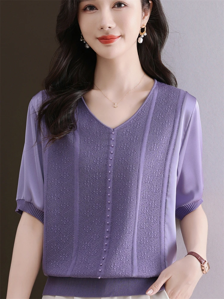 

Faionable ort Sve Knitted T-irt with Chiffon Splicing V-Ne Embroidery for Middle-Aged And ly Women Summer Thi...