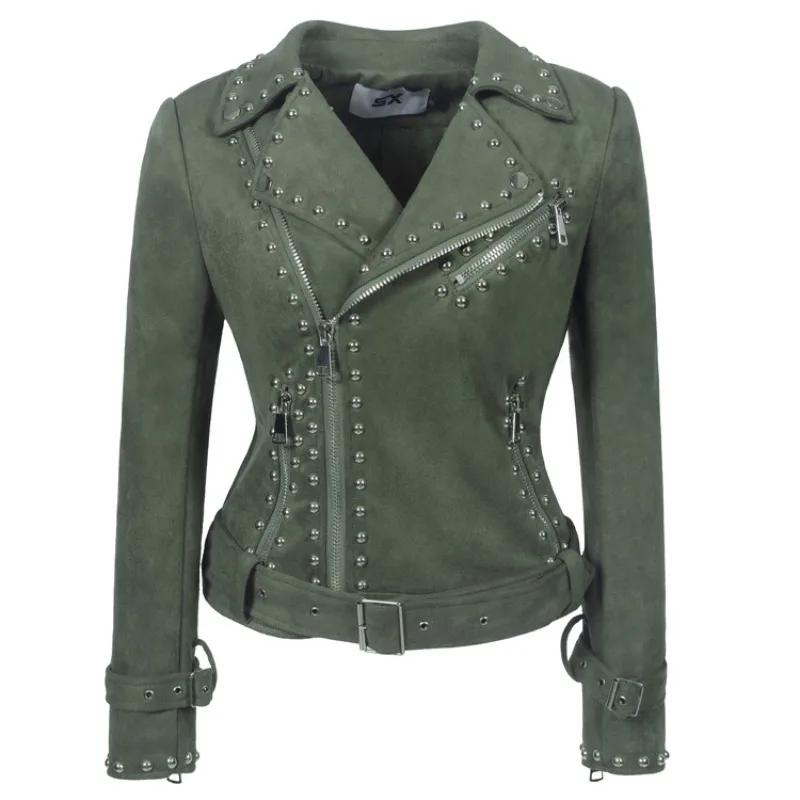 2025 nuevas chaquetas de tela de gamuza con remaches Punk de otoño e invierno para mujer, abrigo rosa serpentino a la moda, chaqueta de cuero con cremallera y solapa